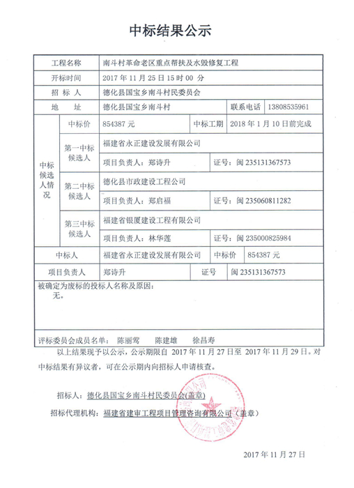 国宝乡南斗村革命老区重点帮扶及水毁修复工程中标结果公示 - 憨鼠网