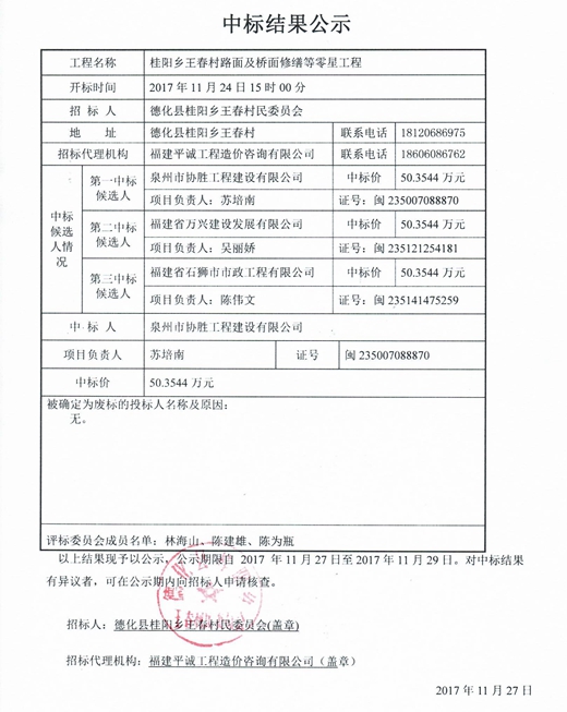 桂阳乡王春村路面及桥面修缮等零星工程中标结果公示 - 憨鼠网