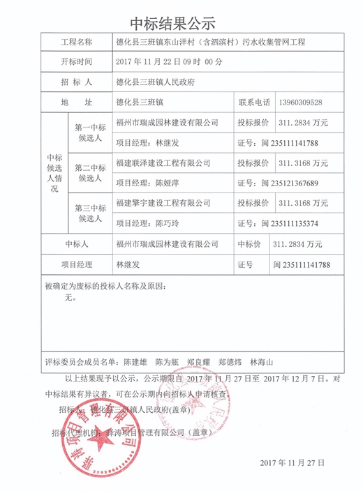 德化县三班镇东山洋村（含泗滨村）污水收集管网工程中标结果公示 - 憨鼠网