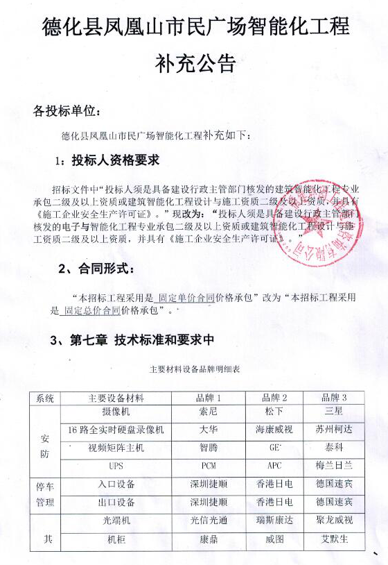 德化县凤凰山市民广场智能化工程补充公告 - 憨鼠网