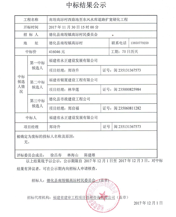 南埕高沶村西菇池至东风水库道路扩宽硬化工程中标结果公示 - 憨鼠网