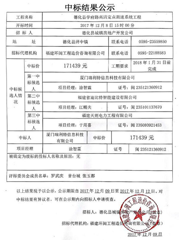 德化县学府路高清定点测速系统工程中标结果公示 - 憨鼠网