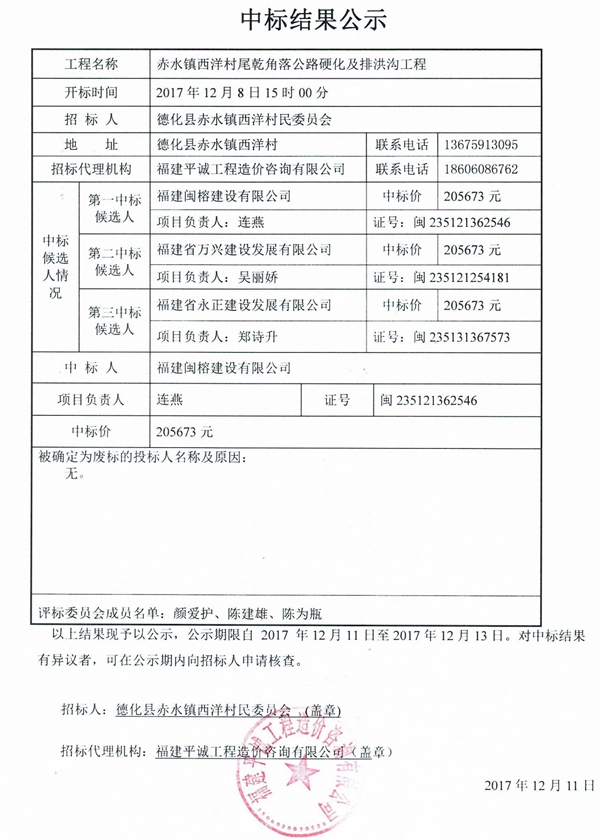 赤水镇西洋村尾乾角落公路硬化及排洪沟工程中标结果公示 - 憨鼠网