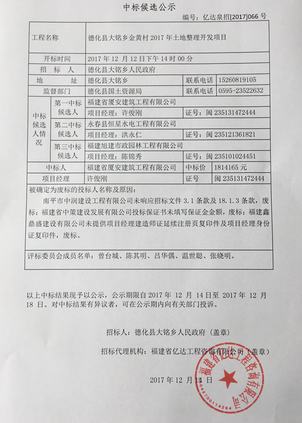 德化县大铭乡金黄村2017年土地整理开发项目中标结果公示 - 憨鼠网