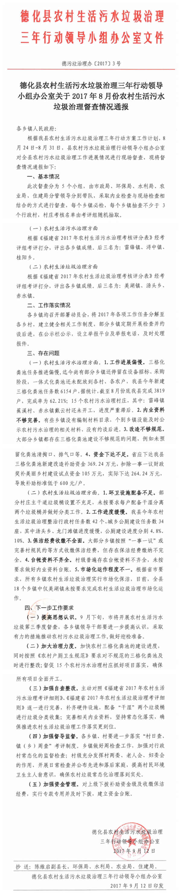 2017年8月份德化县农村生活污水垃圾治理督查情况通报 - 憨鼠网