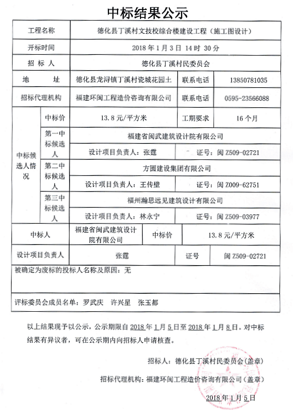 德化县丁溪村文技校综合楼建设工程（施工图设计）中标结果公示 - 憨鼠网