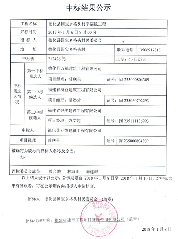 国宝乡格头村幸福院工程中标结果公示 - 憨鼠网
