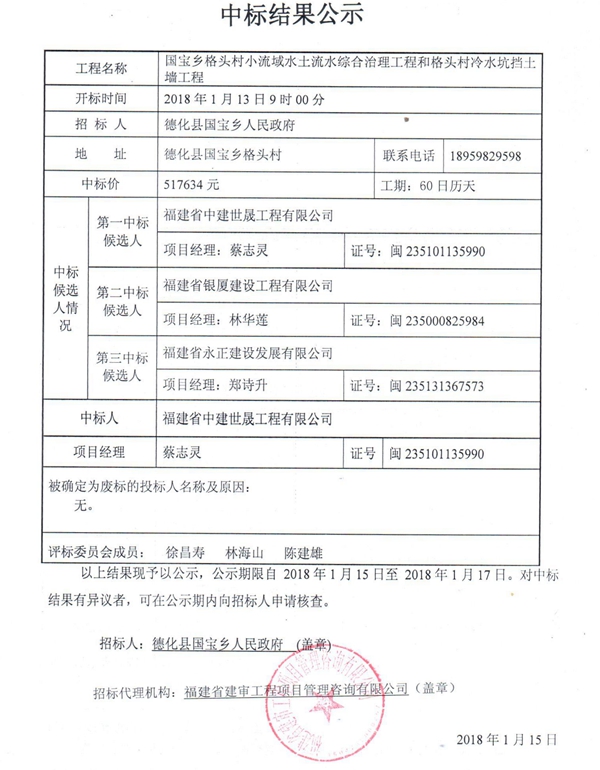 国宝乡格头村小流域水土流水综合治理工程和格头村冷水坑挡土墙工程中标结果公示 - 憨鼠网
