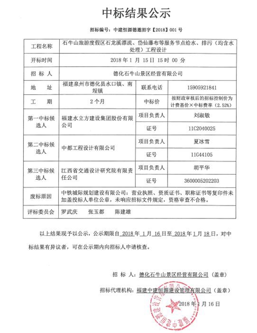石牛山旅游度假区石龙溪漂流、岱仙瀑布等服务节点给水、排污（均含水处理）工程设计中标结果公示 - 憨鼠网