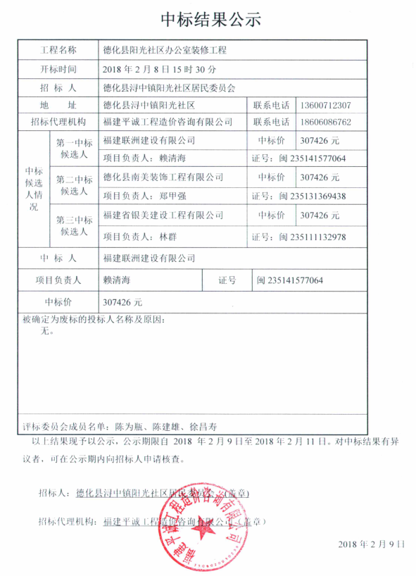 德化县阳光社区办公室装修工程中标结果公示 - 憨鼠网