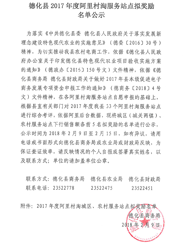 德化县2017年阿里村淘服务站点拟奖励名单公示 - 憨鼠网