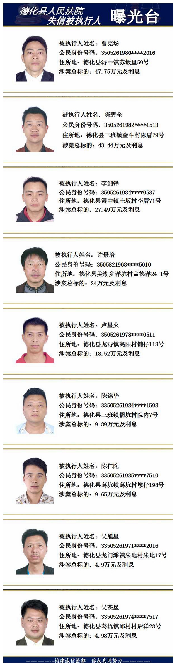 德化法院：2018年第四期失信被执行人名单公示 - 憨鼠网