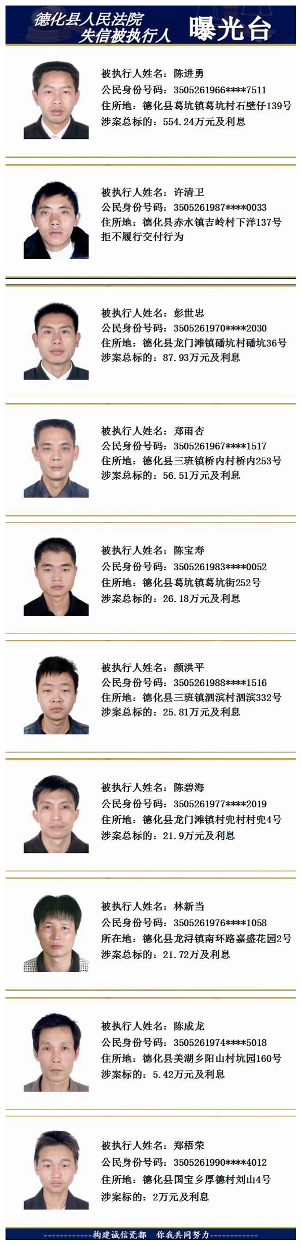 德化法院：2018年第五期失信被执行人名单公示 - 憨鼠网