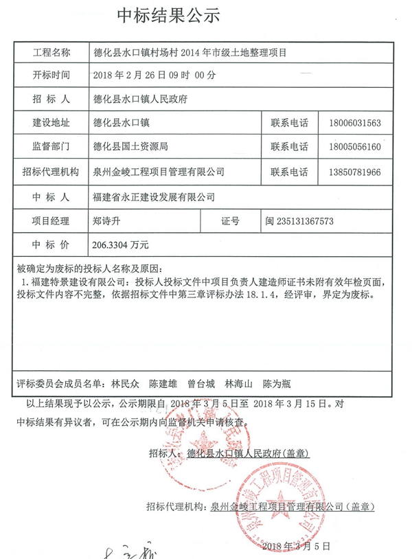 德化县水口镇村场村2014年市级土地整理项目中标结果公示 - 憨鼠网