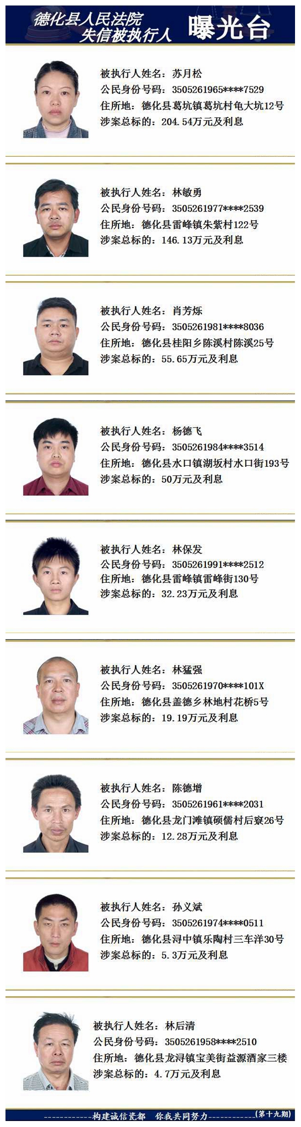 德化法院：2018年第六期失信被执行人名单公示 - 憨鼠网