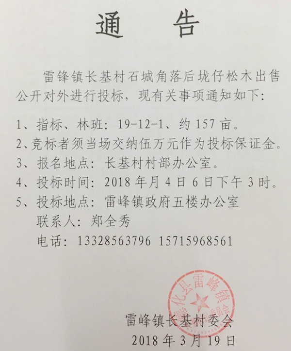 雷峰镇长基村石城角落后垅仔松木出售招标公告 - 憨鼠网