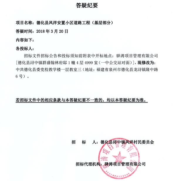 德化县凤洋安置小区道路工程（基层部分）答疑纪要 - 憨鼠网
