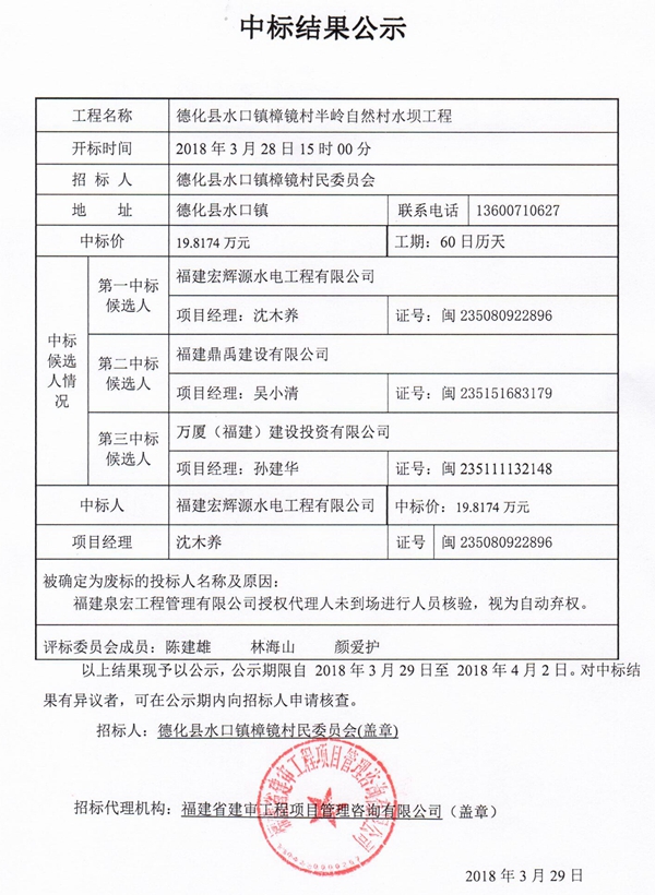 水口镇樟镜村半岭自然村水坝工程中标结果公示 - 憨鼠网