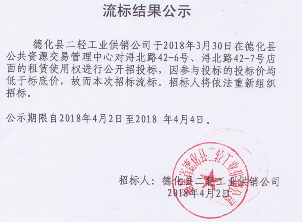 德化县二轻工业供销公司沿街店面招租流标结果公示 - 憨鼠网