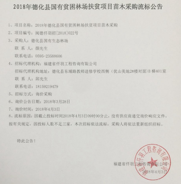 2018年德化县国有贫困林场扶贫项目苗木采购流标公告 - 憨鼠网