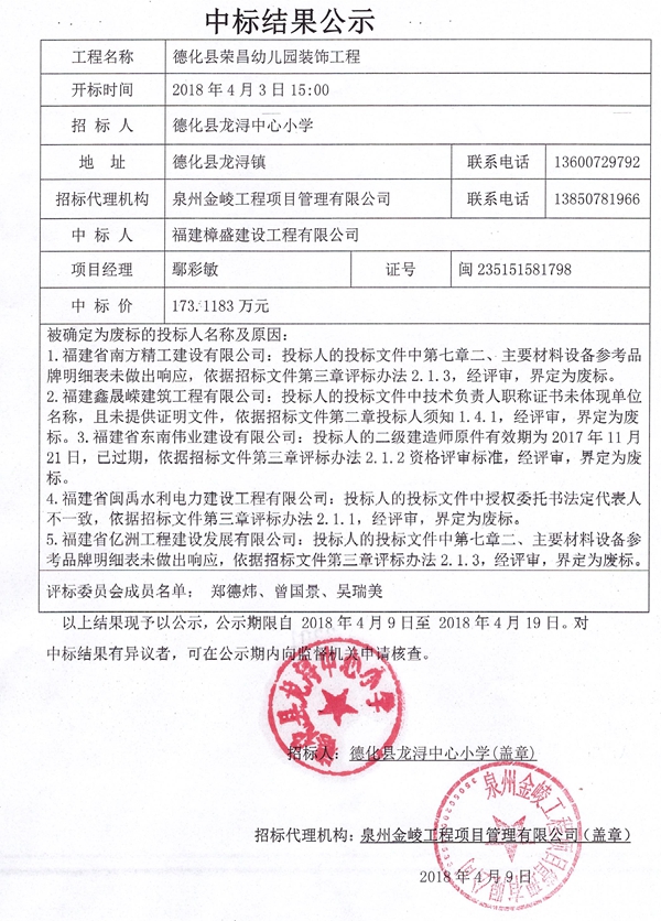 德化县荣昌幼儿园装饰工程中标结果公示 - 憨鼠网