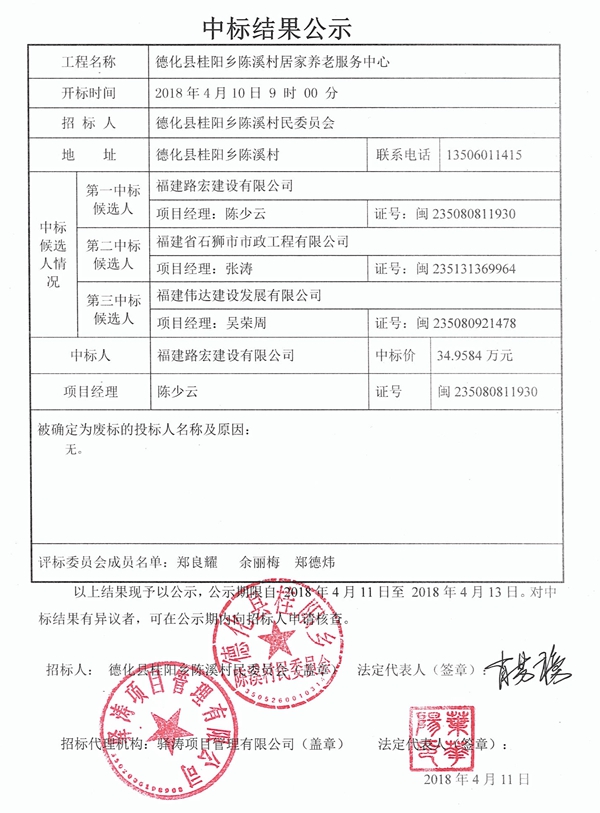 桂阳乡陈溪村居家养老服务中心中标结果公示 - 憨鼠网