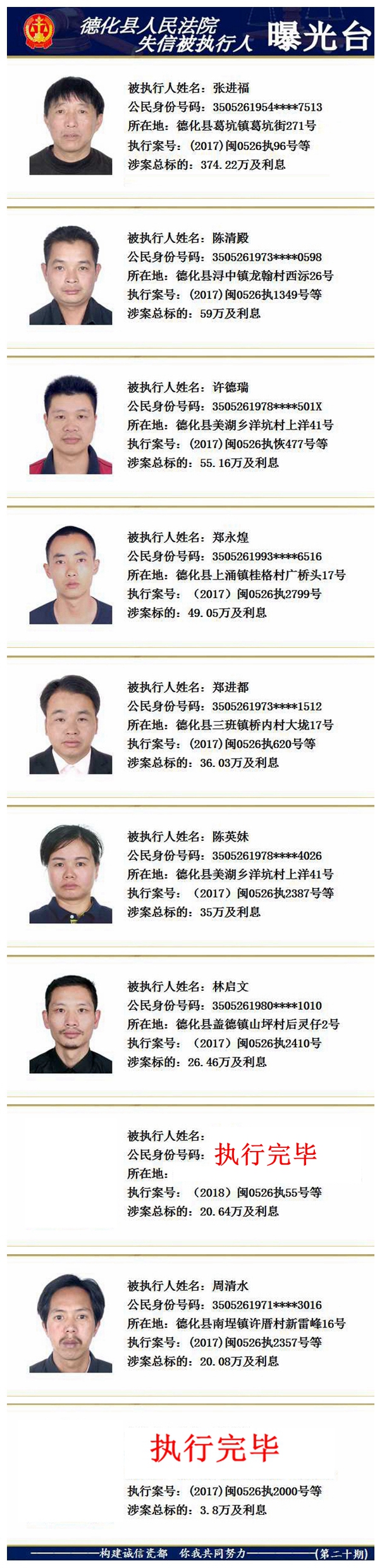 德化法院：2018年第八期失信被执行人名单公示 - 憨鼠网