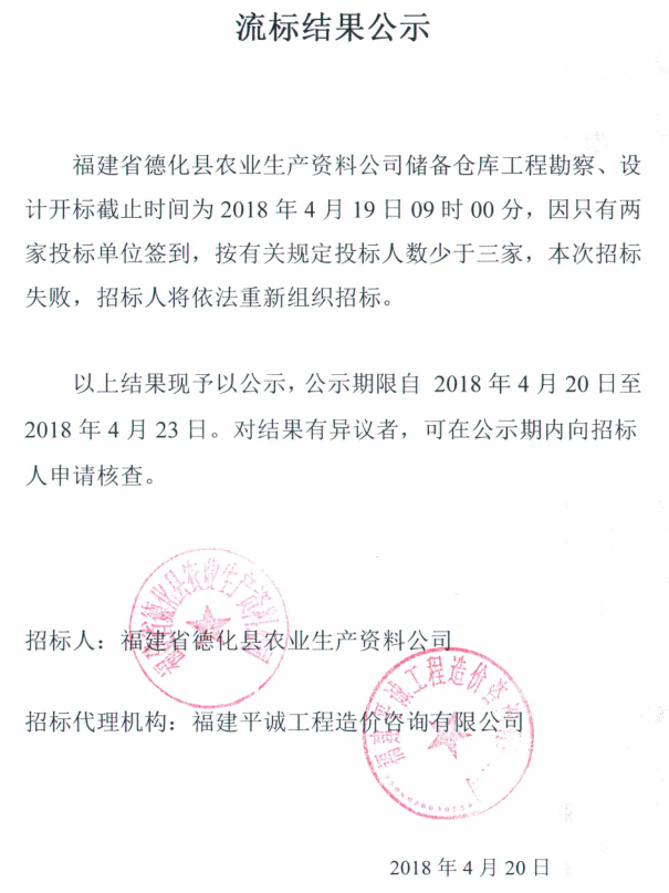 德化县农业生产资料公司储备仓库工程勘察、设计流标结果公示 - 憨鼠网