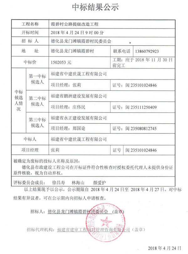霞碧村公路提级改造工程中标结果公示 - 憨鼠网