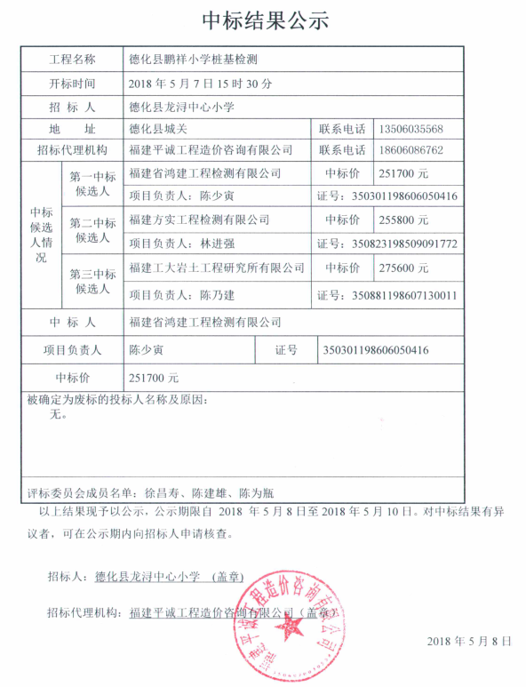 德化县鹏祥小学桩基检测中标结果公示 - 憨鼠网