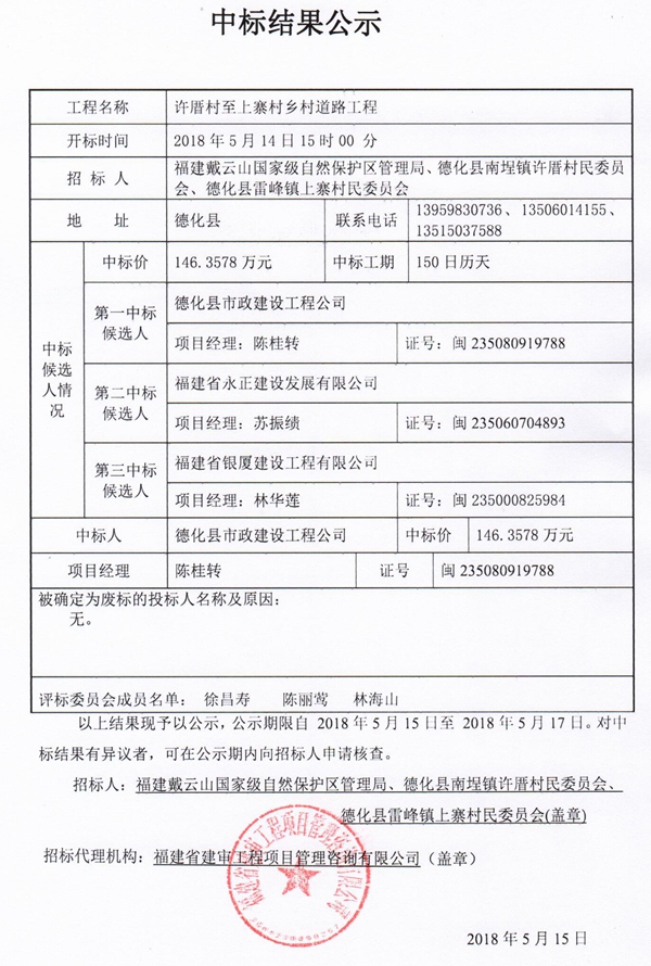 许厝村至上寨村乡村道路工程中标结果公示 - 憨鼠网