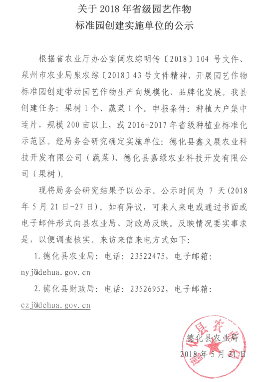 关于2018年省级园艺作物标准园创建实施单位的公示 - 憨鼠网