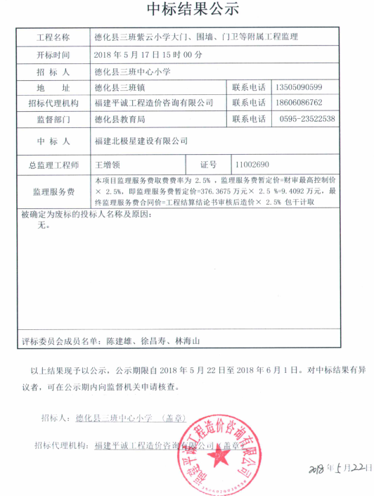 德化县三班紫云小学大门、围墙、门卫等附属工程监理中标结果公示 - 憨鼠网