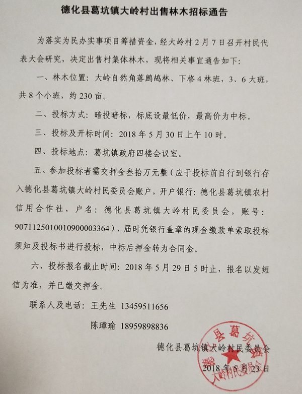 德化县葛坑镇大岭村出售林木招标通告 - 憨鼠网