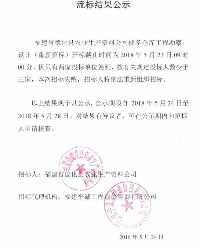 福建省德化县农业生产资料公司储备仓库工程勘察、设计流标结果公示 - 憨鼠网