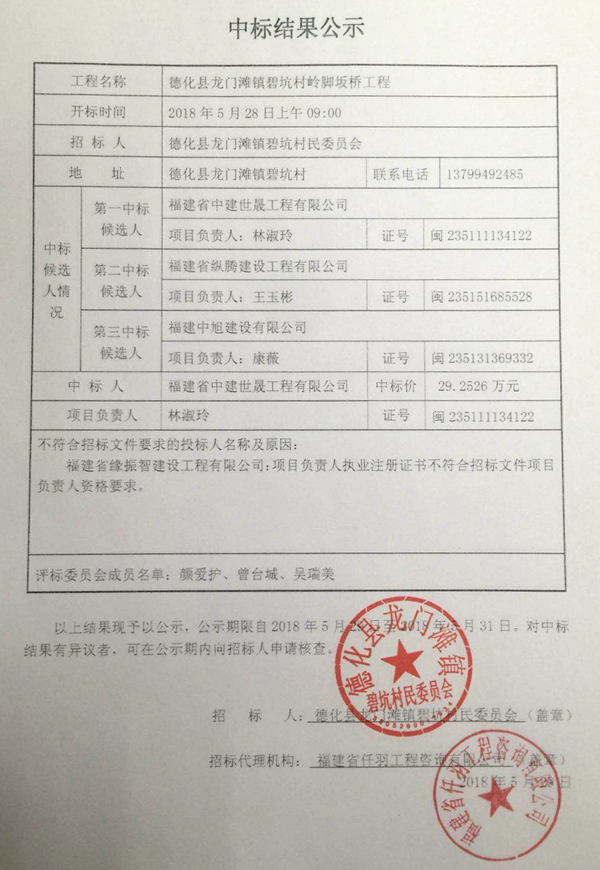 龙门滩镇碧坑村岭脚坂桥工程中标结果公示 - 憨鼠网