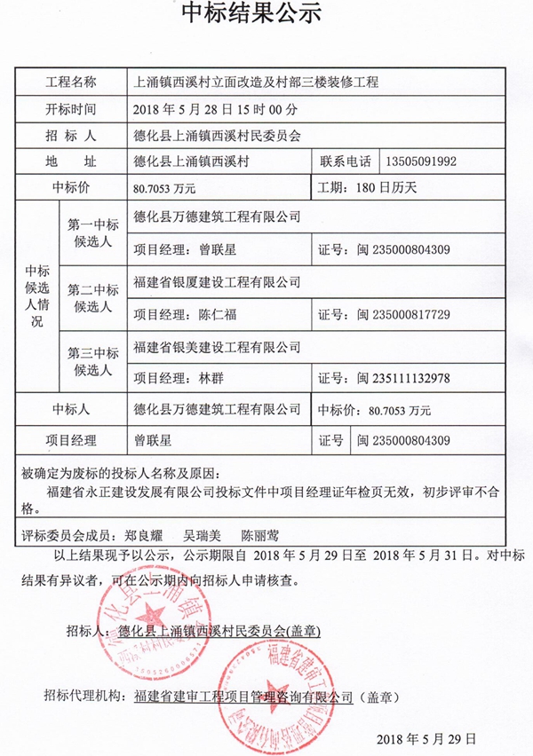 上涌镇西溪村立面改造及村部三楼装修工程中标结果公示 - 憨鼠网