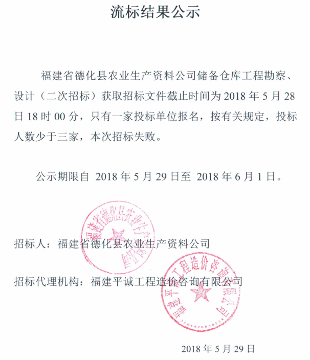 福建省德化县农业生产资料公司储备仓库工程勘察、设计二次招标流标结果公示 - 憨鼠网