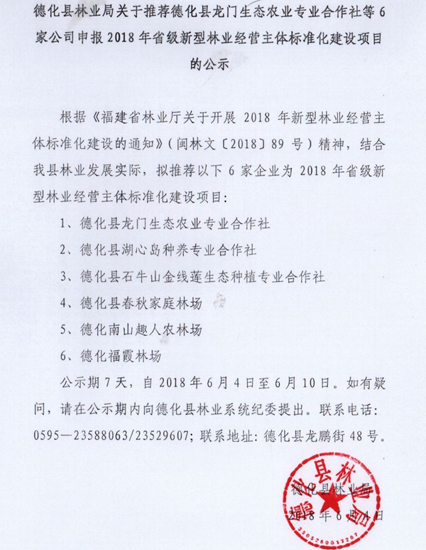 关于推荐德化县龙门生态农业专业合作社等6家公司申报2018年省级新型林业经营主体标准化建设项目的公示 - 憨鼠网