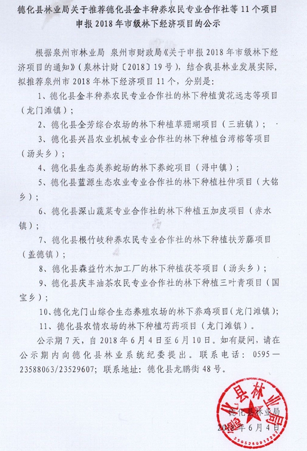 关于推荐德化县金丰种养农民专业合作社等11个项目申报2018年市级林下经济项目的公示 - 憨鼠网