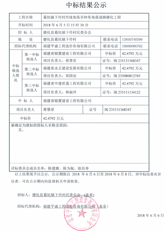 葛坑镇下玲村玲珑角落至钟形角落道路硬化工程中标结果公示 - 憨鼠网