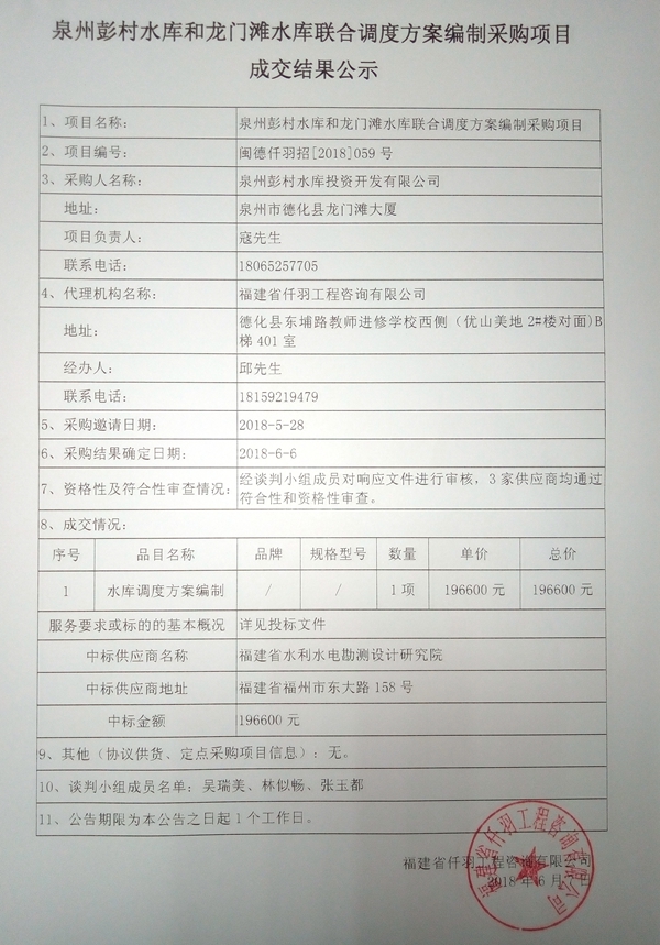 泉州彭村水库和龙门滩水库联合调度方案编制采购项目成交结果公示 - 憨鼠网