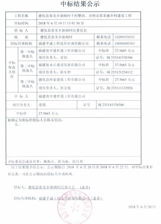 春美乡新阁村千村整治、百村示范美丽乡村建设工程中标结果公示 - 憨鼠网