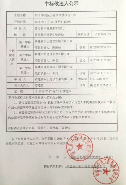 2018年德化城区公厕清洁楼改造工程中标结果公示 - 憨鼠网