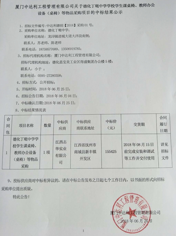 丁墘中学学校学生课桌椅、教师办公设备（桌椅）等物品采购项目中标结果公示 - 憨鼠网