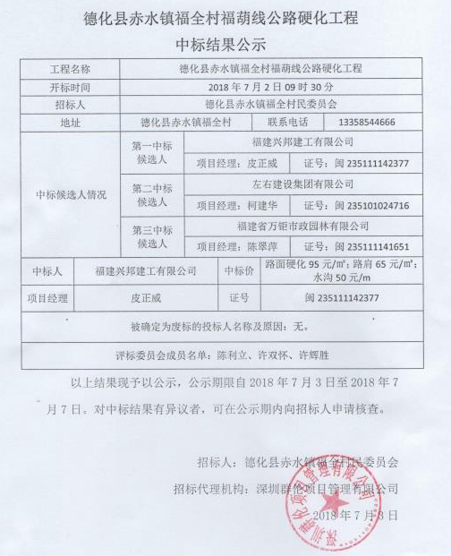 赤水镇福全村福葫线公路硬化工程中标结果公示 - 憨鼠网
