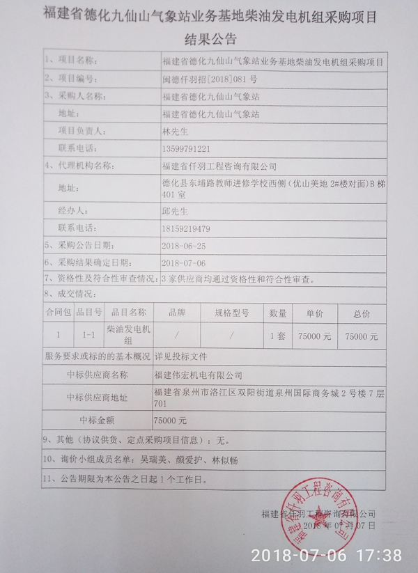 德化九仙山气象站业务基地柴油发电机组采购项目结果公告 - 憨鼠网