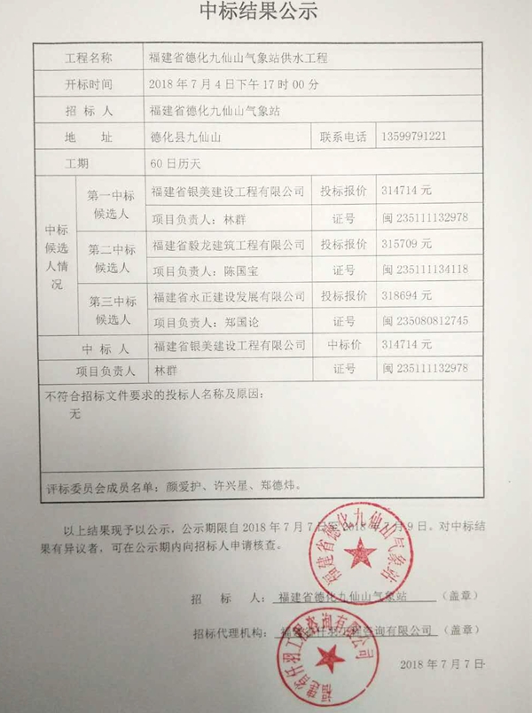 德化九仙山气象站供水工程中标结果公示 - 憨鼠网