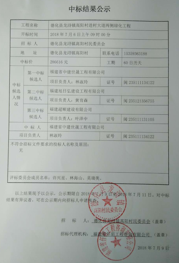龙浔镇高阳村进村大道两侧绿化工程中标结果公示 - 憨鼠网