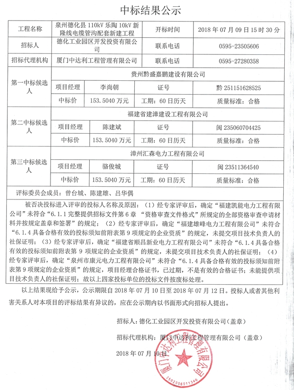 德化县110kv乐陶10kV新隆线电缆管沟配套新建工程中标结果公示 - 憨鼠网